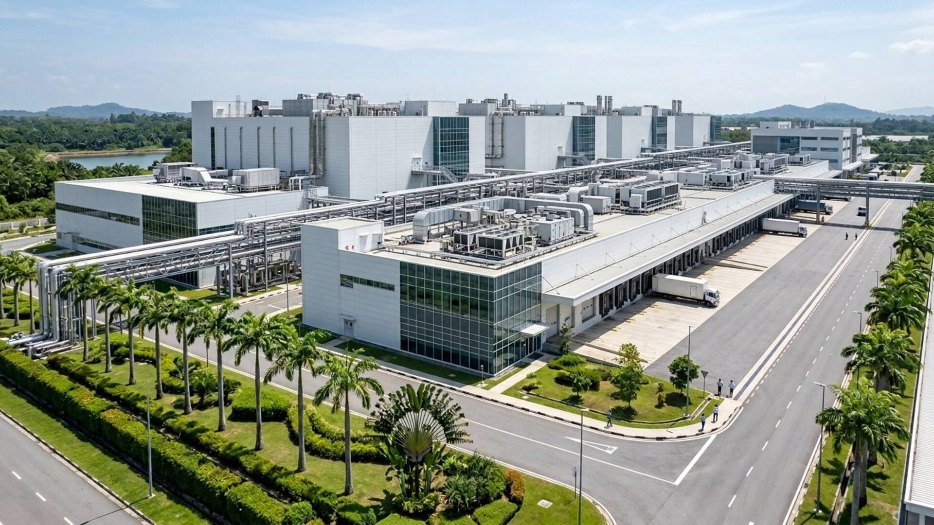 Wide aerial view of a large modern pharmaceutical manufacturing campus with modular cleanroom buildings, stainless-steel utility pipe racks, rooftop air-handling units, and loading bays