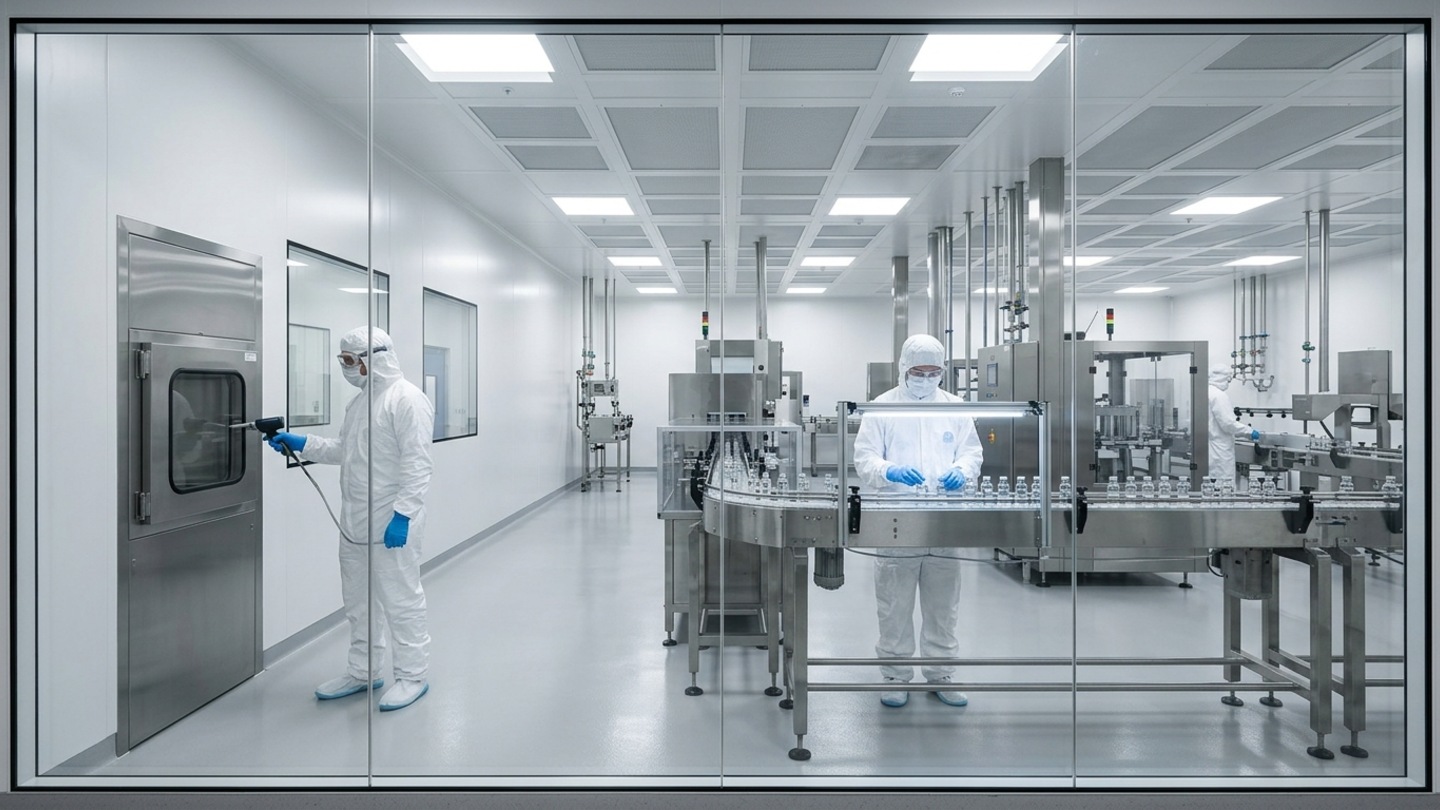 Cleanroom operators in full white sterile coveralls, hoods, masks, goggles, and blue gloves conducting environmental checks at a stainless-steel pass-through chamber and inspecting vials along a conveyor line behind glass partitions