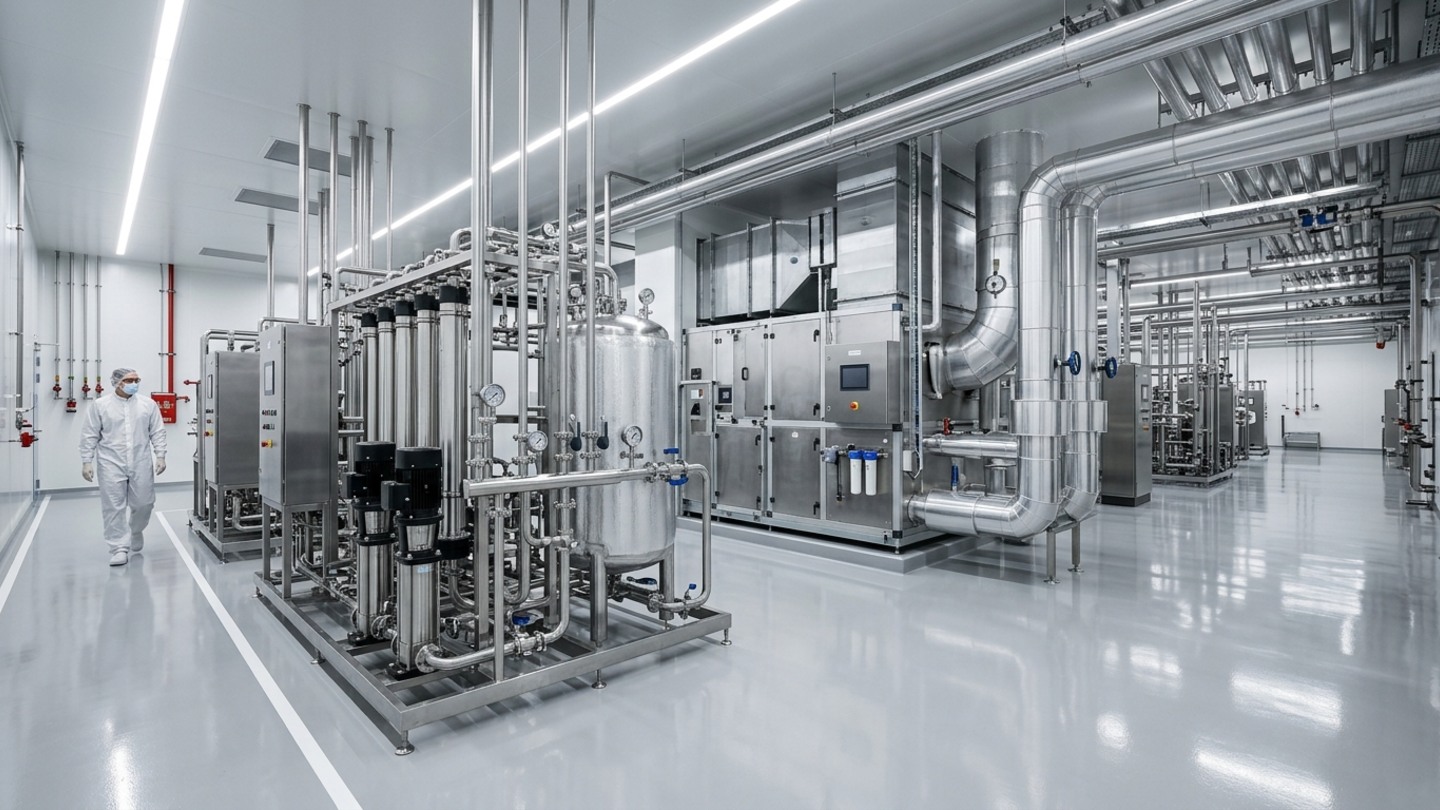 Pharmaceutical utility engineering hall featuring stainless-steel reverse-osmosis water purification columns, sanitary distribution piping, multi-stage cleanroom air-handling units, and a gowned technician