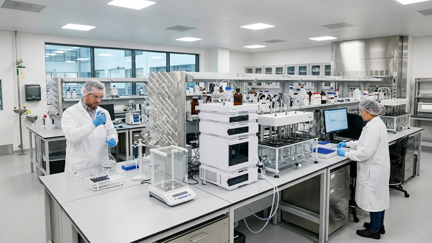 Two quality control analysts in white laboratory coats, hairnets, safety glasses, and blue nitrile gloves working with volumetric flasks, an analytical balance, a dissolution bath, and HPLC chromatography instruments