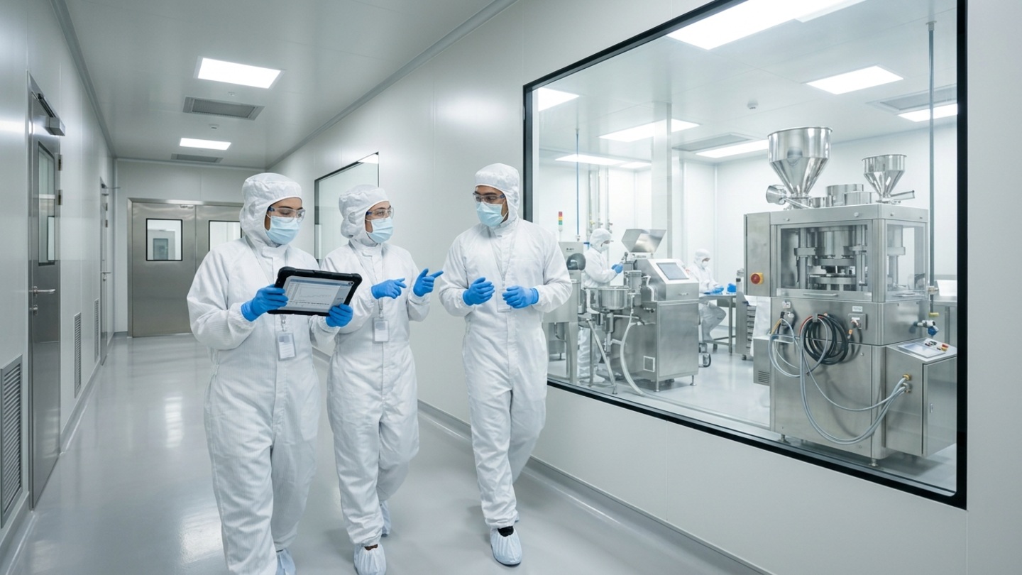 Three Southeast Asian pharmacists and cleanroom engineers in white sterile coveralls, hoods, masks, safety glasses, and blue gloves reviewing records on a tablet beside a window overlooking a tablet compression suite