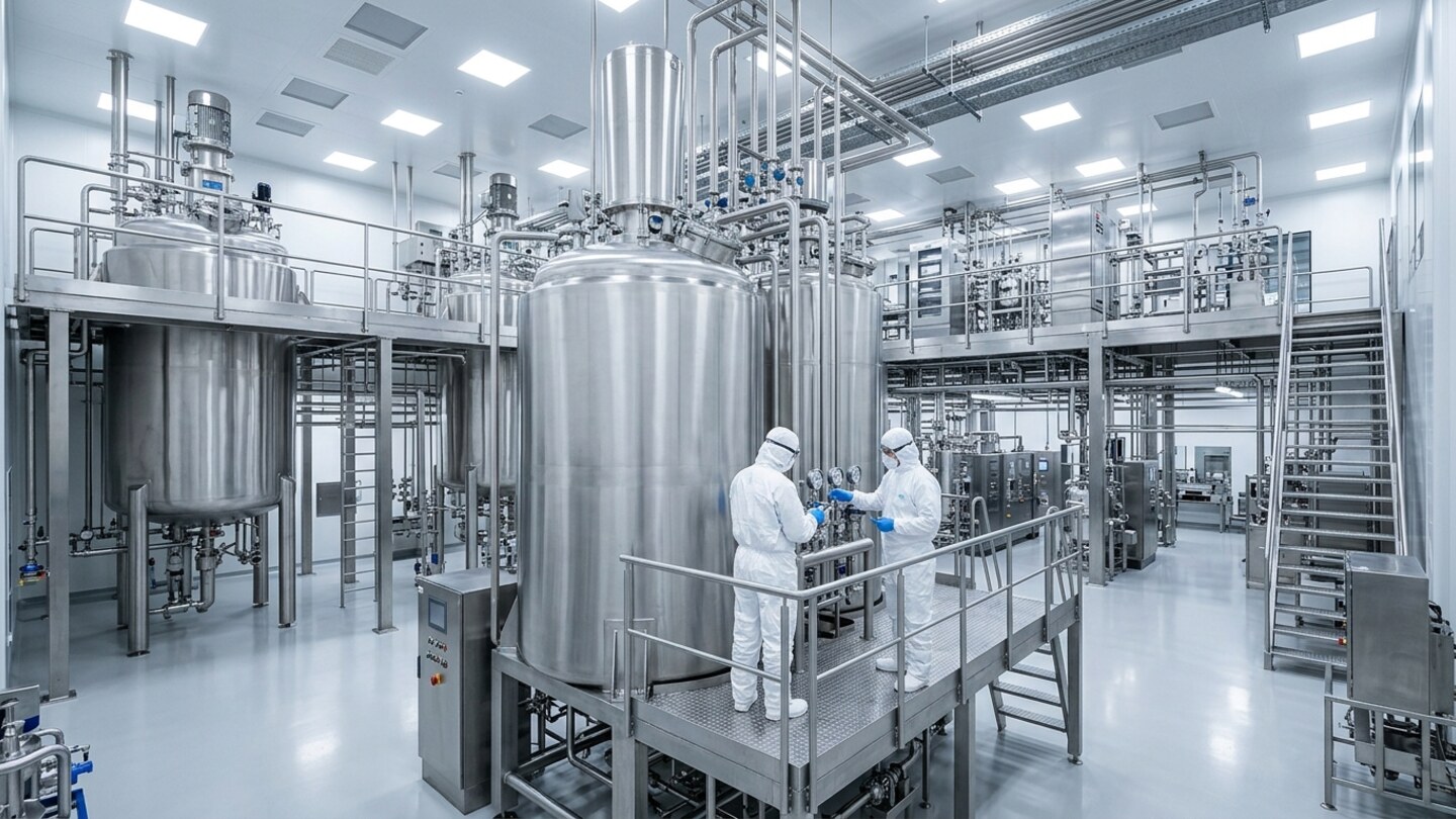 Large pharmaceutical manufacturing hall with stainless-steel bioreactors, jacketed process vessels, sanitary piping manifolds, mezzanine walkways, and two gowned operators inspecting vessel pressure gauges