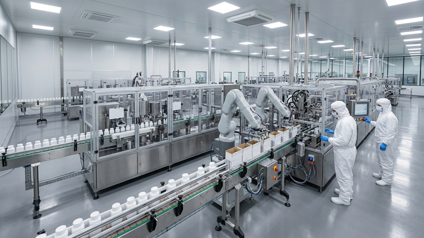 Automated pharmaceutical bottle and cartoning packaging line inside a cleanroom hall with stainless-steel conveyors, robotic transfer arms inside glass guards, and two gowned operators at the control console