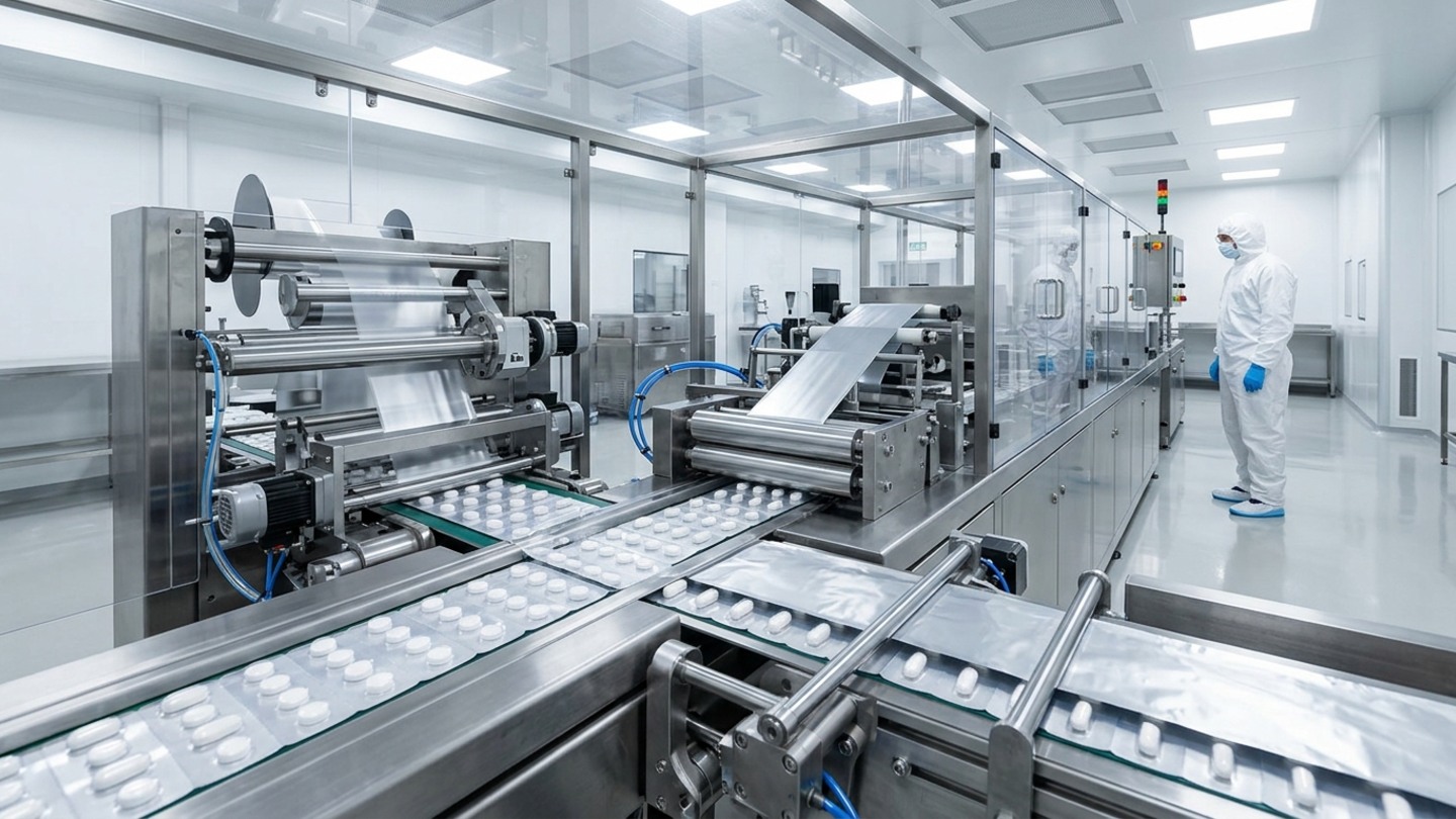 Automated pharmaceutical blister packaging line inside a cleanroom glass enclosure carrying continuous strips of white tablets and capsules into aluminum foil sealing rollers, with a gowned operator observing