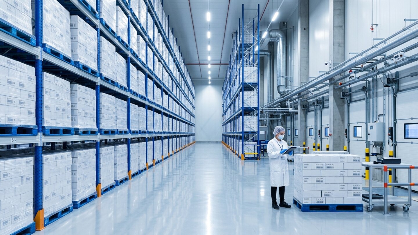 Temperature-controlled pharmaceutical cold-chain warehouse with high-bay blue steel pallet racking, uniform white shrink-wrapped pallets on hygienic plastic skids, insulated loading bay doors, and a quality inspector checking inventory