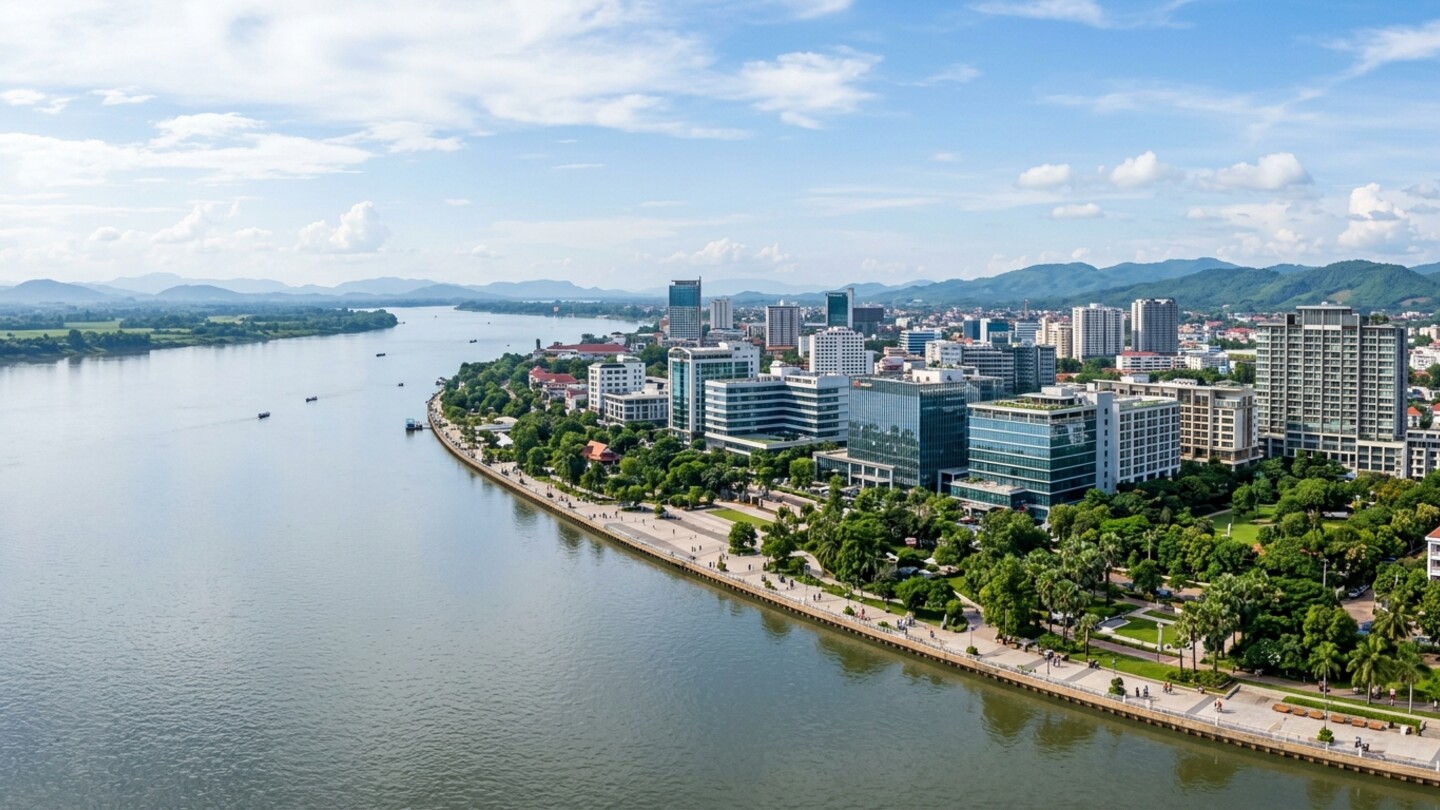 Panoramic view of a modern riverfront skyline along the Mekong River with contemporary mid-rise buildings, green tree-lined promenade, and distant hills